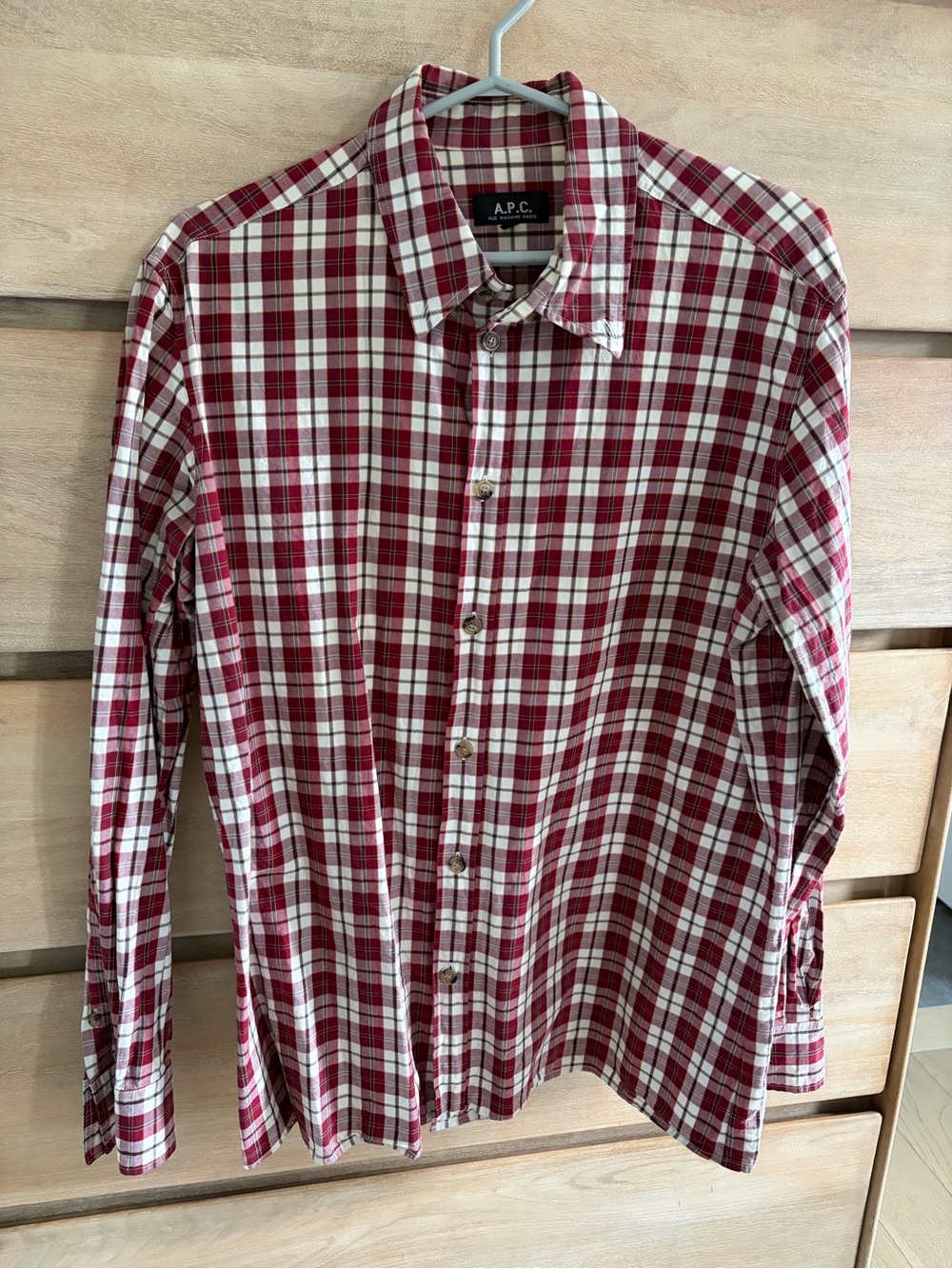 A.P.C. Men's Red and White Plaid Button-Down Shirt